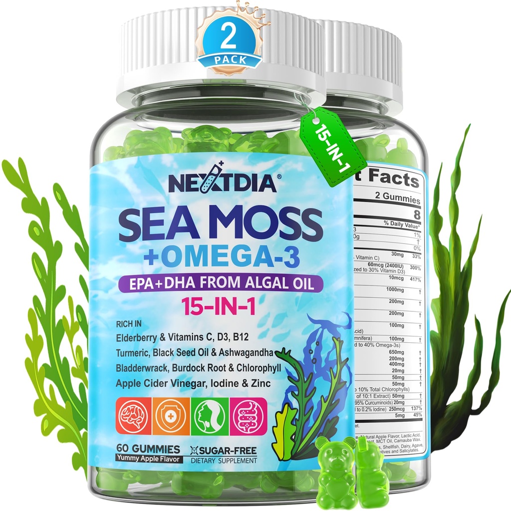Sea Moss Gummies + Řasy Omega-3 pro dospělé, 15-IN-1 Organic Irish Moss Superfood s / Vitamíny C D3 B12, Turmeric, Bladderwrack, Podporuje energii, mozek, imunitní, Daily Vitality, Sugar- Free, 120 Cts