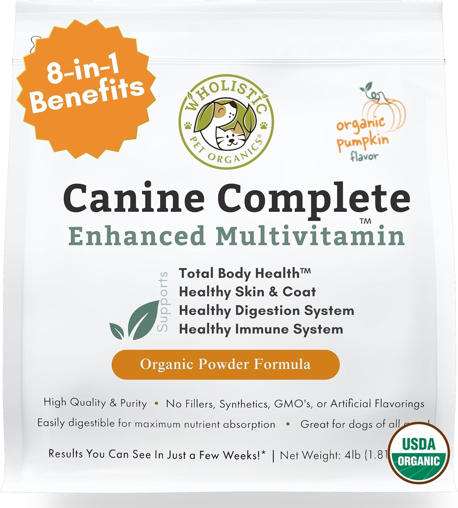 Wholistic Pet Organics Canine Complete - Pes Multivitamin Powder - 4 Lb - Denní psí vitamíny a doplňky pro domácí jídlo - imunitní systém, kůže, coat & celkové zdraví - malé a velké plemeno