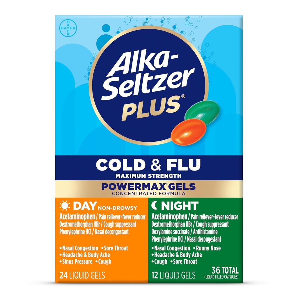 Alka- Seltzer Plus Power Max Cold & Flu Day + Night Medicine: Cough Conpressant, Cold and Flu Medicine pro dospělé a děti 12 let a starší, 36 Počet, Balení May Vars