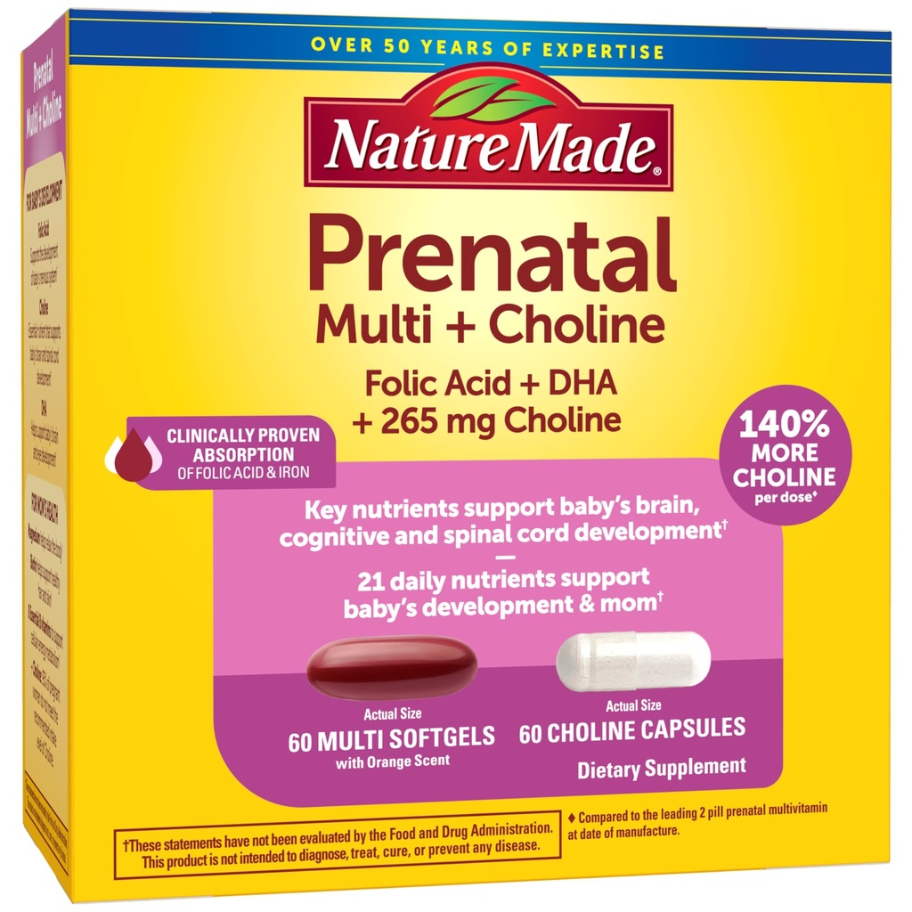 Nature Made Prenatal Vitamin Softgels + Cholin Kapsle, Kyselina listová + DHA + Cholin, 60 Prenatal Vitamíny pro ženy, 60 Cholin doplňky Kapsle, 60 Den Dodávka