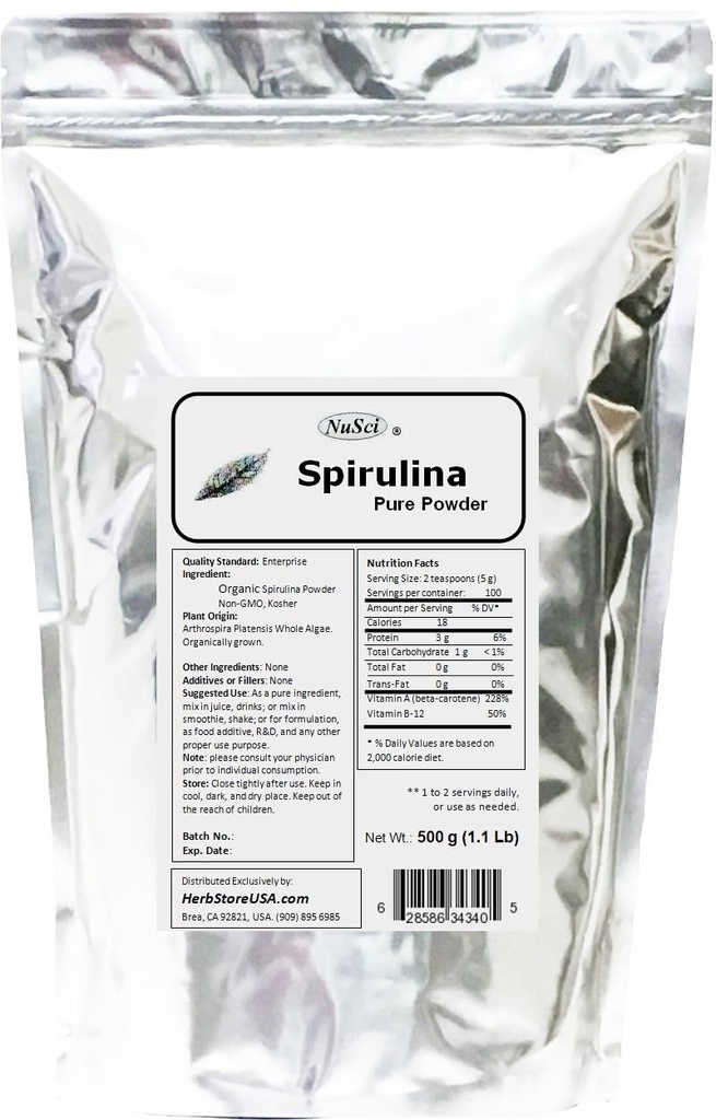 Spirulina organicky pěstovaná 100% čistý prášek 500g (1,1 lb) čerstvé GMO bez ne- ozářené