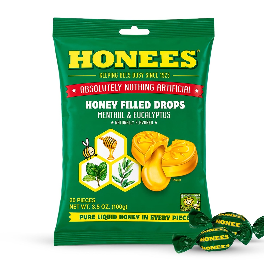 Honees Honey Menthol Kašel Kašel - 20-Kousek, Single Pack Honey- plněné Lozenges CUR 124; Dočasná úleva od kašel 124; Sottes Sore Throat CUR 124; Všechny přírodní