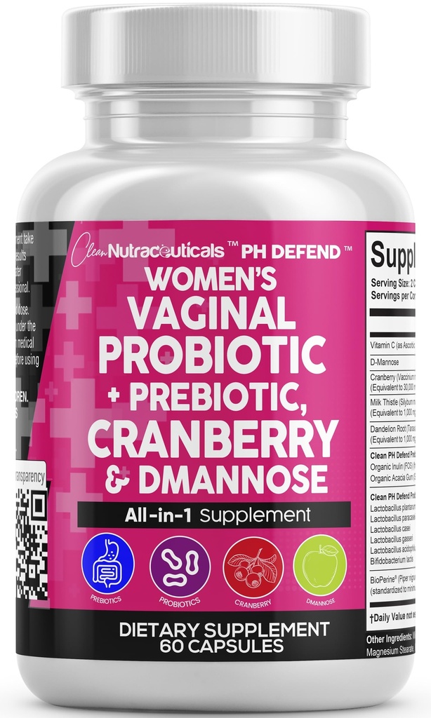 Čistá Nutraceutics Vaginální Probiotika pro ženy s brusinkou, D- Mannose, Prebiotika, pH Balance Support, Feminin Zdraví, Močová Trakt Čistota - Kapsle Alternativní k Gummies - 60 Počet