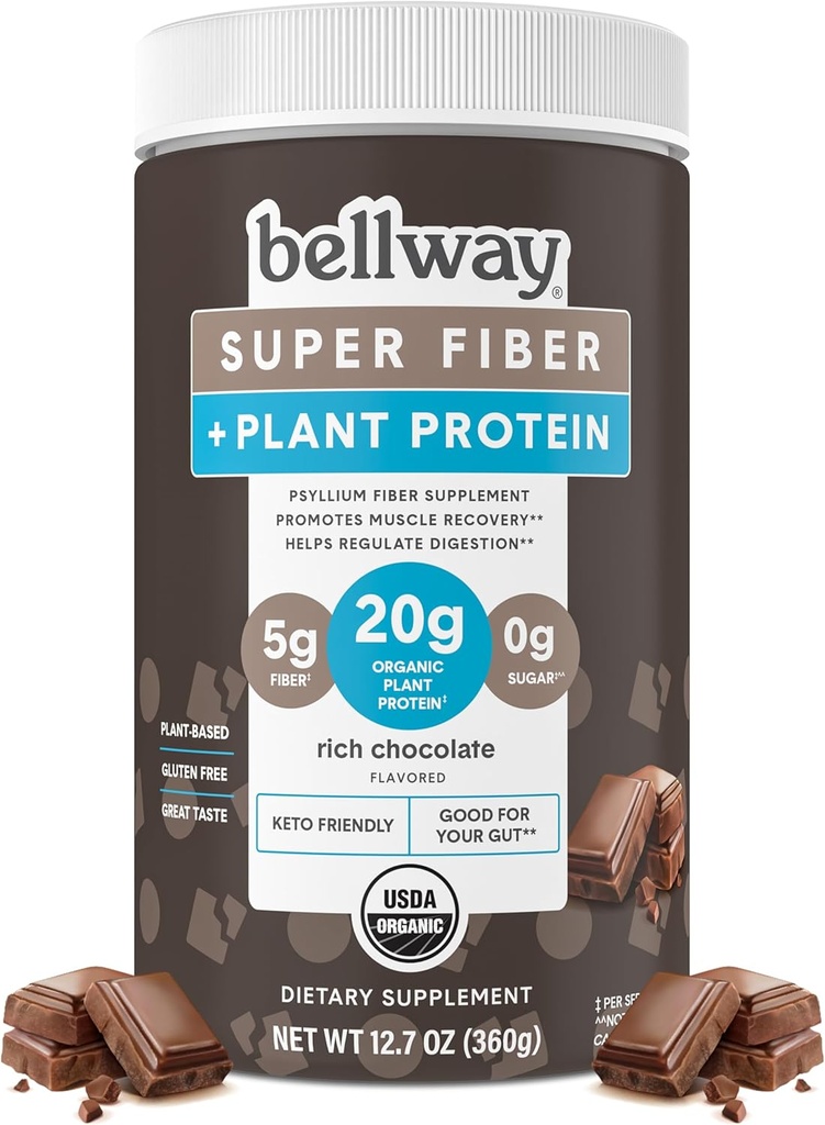 Bellway Super Fiber + Protein Powder, Sugar- Free Organic Psylium Husk Fiber Supplement Powder with 20g Plant Protein Per Serving, Rich Chocolate, 12.7 oz