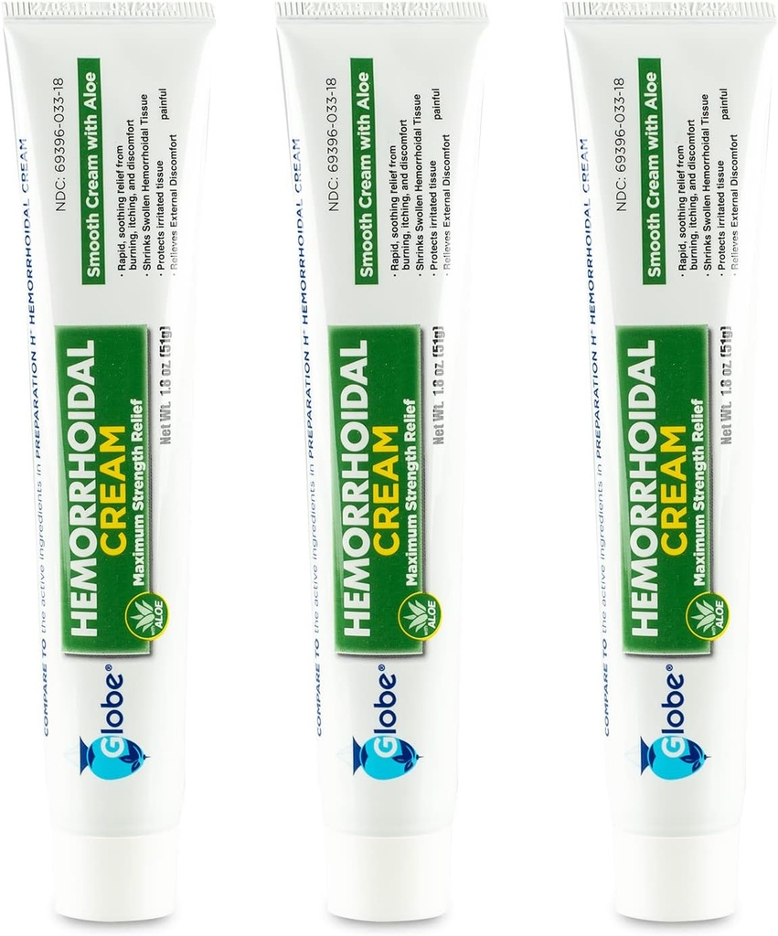 Globe (3 Pack) Hemeroidní krém, Relief s aloe, (1.8 Ounce Tube) Relief from Hemeroids, Piles, Svědění, Hoření, Discomfort, & Více