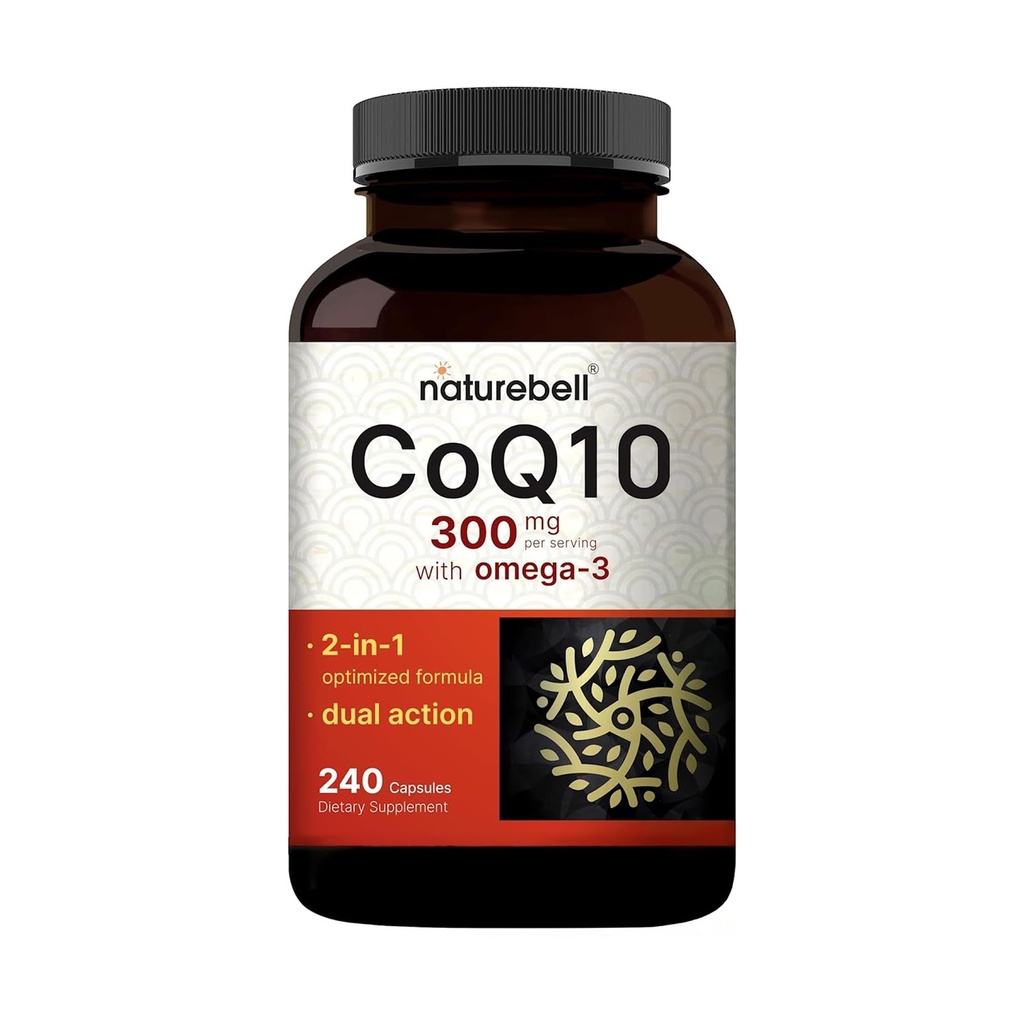 NatureBell CoQ10 300mg s Omega 3, 240 Kapsle - 120 denní zásoba 124; Stabilní vysoce absorpční forma - Antioxidant Podpora pro srdce a energetické zdraví - Extra síla Coenzym Q10 dodatek