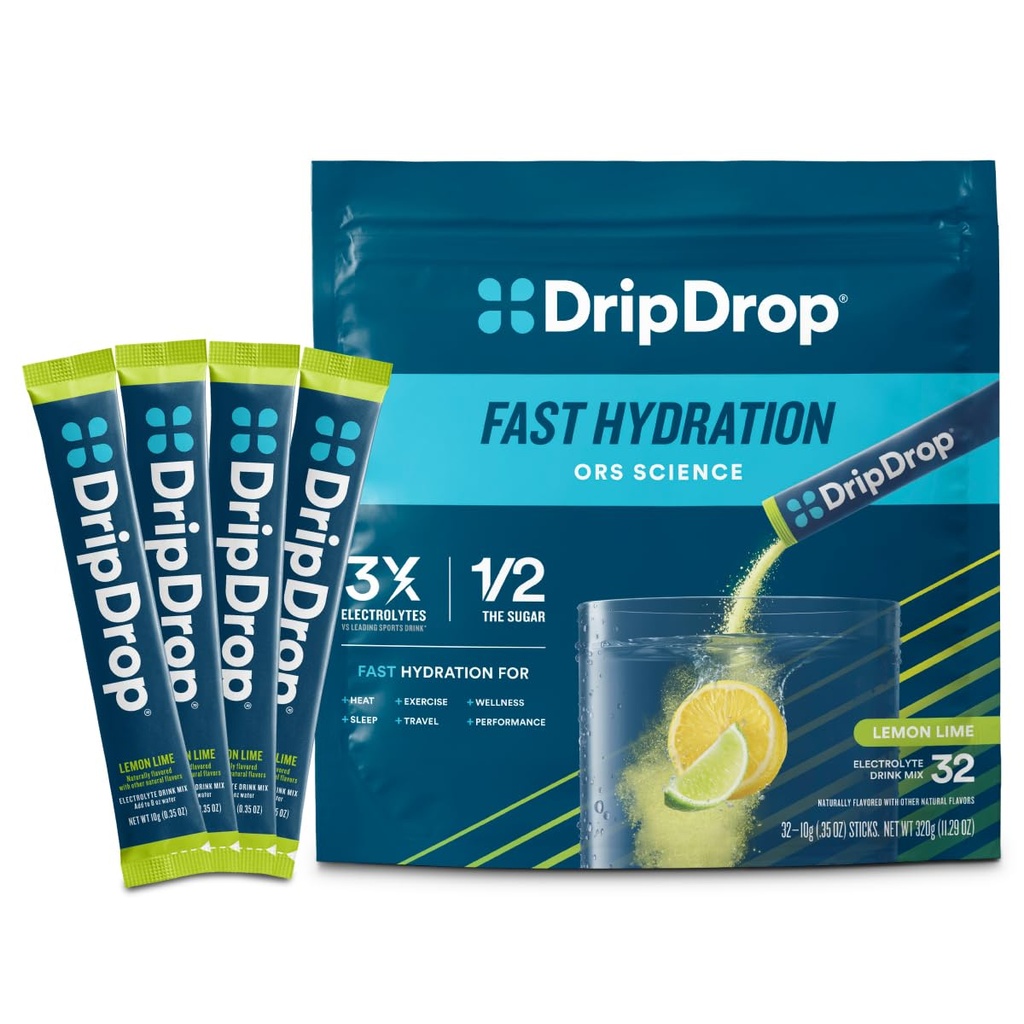 DripDrop Hydration Packets - Lemon Lime - Single Serve Electrolytes Powder Drink Mix - Non- GMO, Gluten Free, Vegan - 32 Sticks