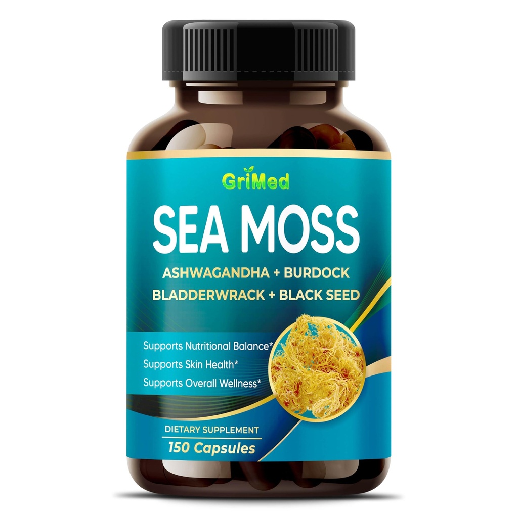 Premium Moss Moss s Ashwagandha, Burdock Bladderwrack, Black Seed for Imunitary System, Skin, Digestion & Energy-Made in The USA (150 Počet (balení po 1))