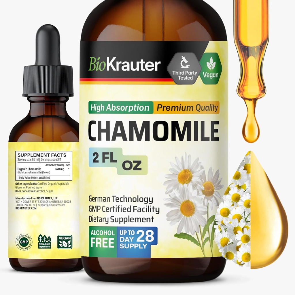 BIO KRAUTER Heřmánek Květiny Tinktura - Heřmánek Extrakt - Obsahuje Apigenin - Dodatek pro relaxaci a kalmovost podpora - Alkohol a cukr zdarma - Vegan kapky 2 Fl.Oz.