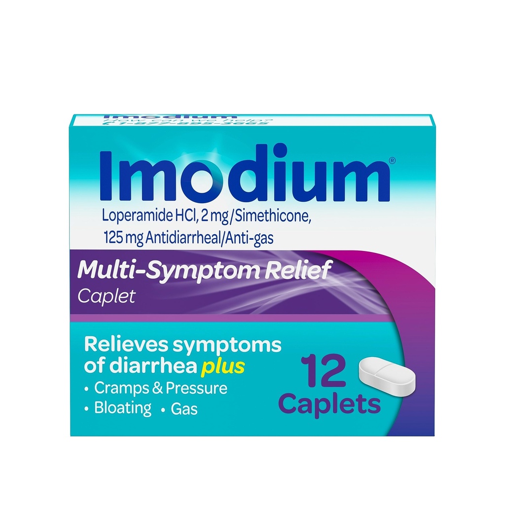 Imodium Multi- Symptom Relief Caplet, Loperamid Hydrochloride & Simethicone Anti- Diarrheail Medicine for Relief of Diarhea, Gas, Bloating, Cramps & Pressure, HSA / FSA Qualible, 12 ct