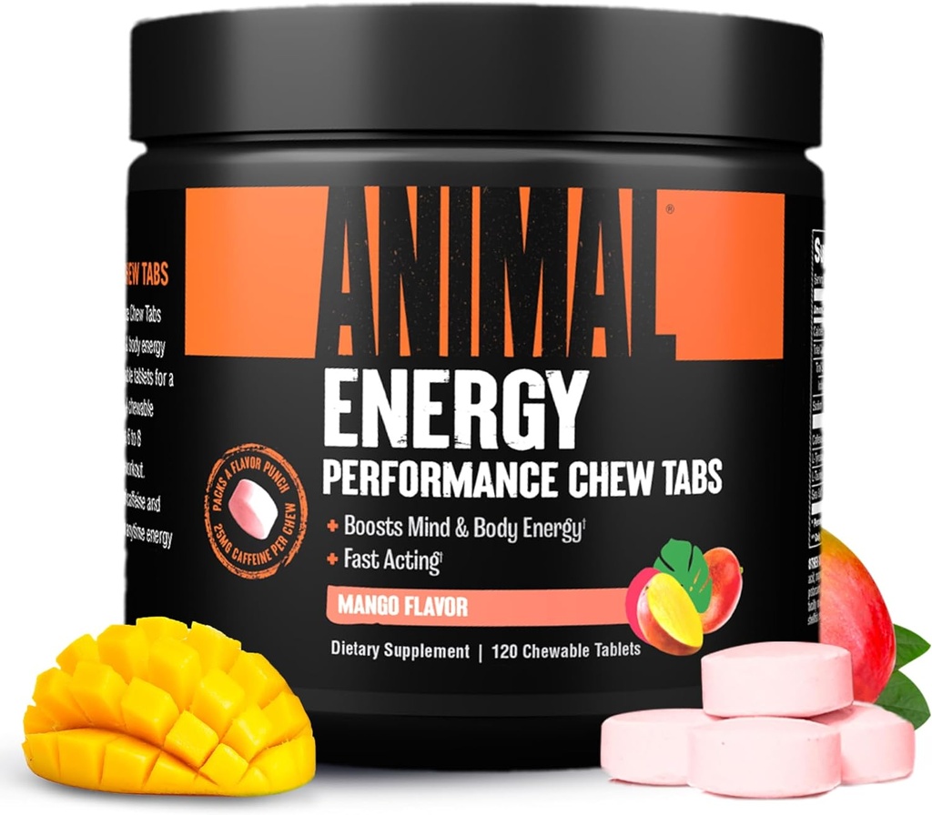 Animal Energy Chews, Fast Acting Energy with Caffeine, Nootropics and Sea Salt for Focus and Pre Workout - Pohodlné a lahodné žvýkací Format - Mango