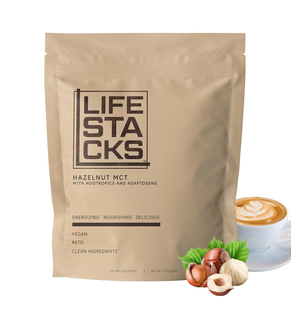 Hazelnut MCT Oil Powder to Boost Energy & Focus - Nootropics + Adaptogens for a Elevated Coffee Experience - Keto, Vegan, 0 Cukr - Stacked for Success with Ginseng, Rhoddiola, L-Tyrosin