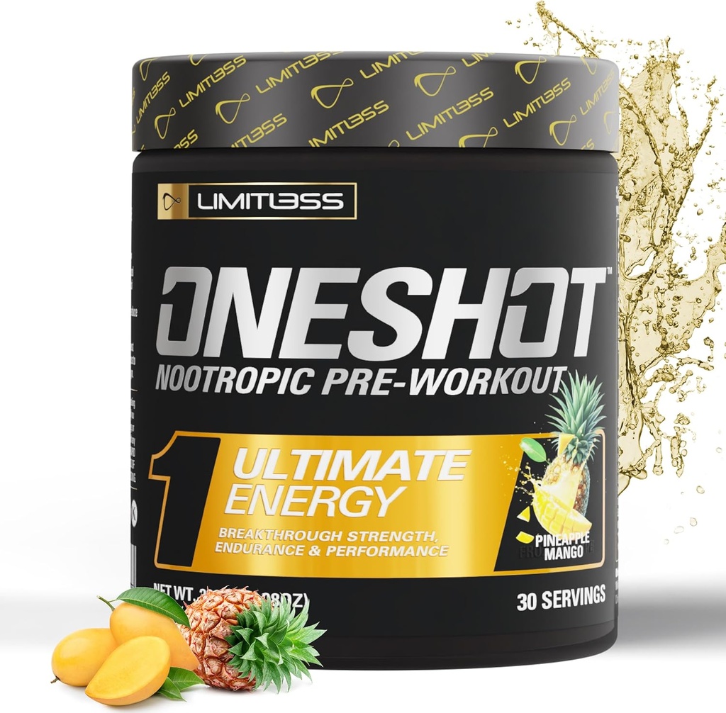 ONESHOT Pre Workout Powder for Men and Women - BCAAS Amino Acids Supplemente Powder, 200mg Caffeine, Beta Alanine Powder, Citrurline Malate Preworking Powder - Ananas Mango - 30 Služeb