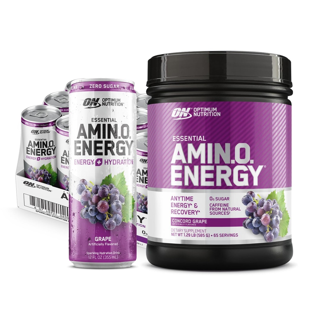 Optimum Nutrition Amino Energy Powder: Concord Grape (65 Servings) with Essential Amino Energy Plus Electrolyes Sparkling Drink: Grape (12 plechovek) - Bundle Pack