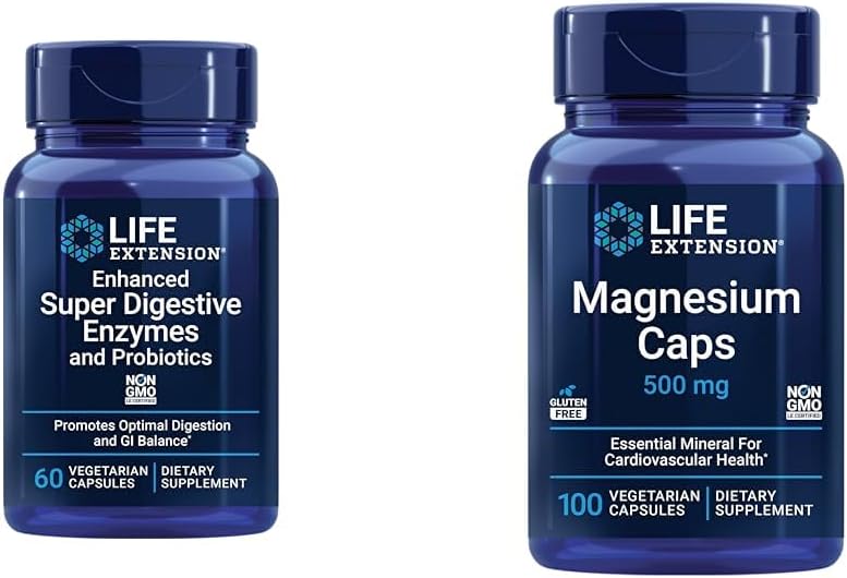 Life Extension 60 Vegetariánské Kapsle Enhanced Super Digestive Enzymy & Probiotika a 100 Magnesium Kapsle pro srdce, kosti, metabolismus Podpora