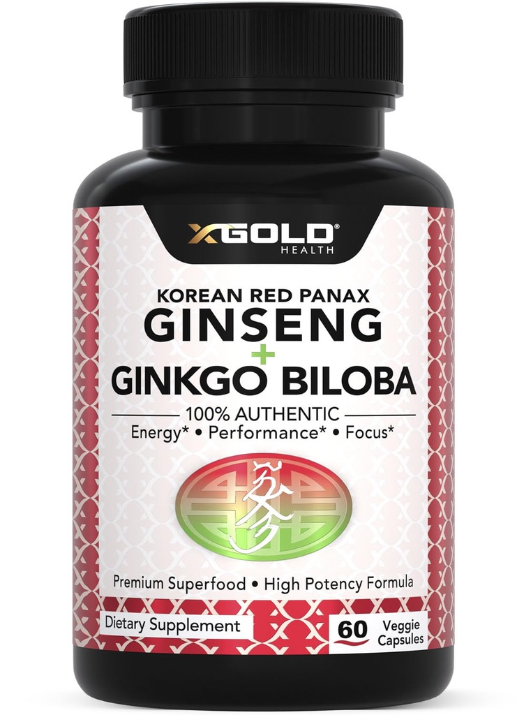 Korean Red Panax Ginseng 1200mg + Ginkgo Biloba - Extra Strength Root Extract Powder Supplement w / High Ginsenosids Vegan Capsules for Energy, Performance & Focus - Dodatek pro muže a ženy