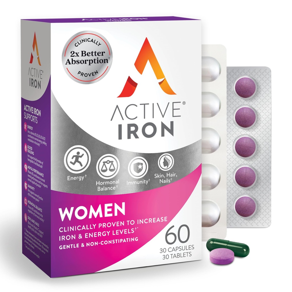 Active Iron Supplement 25mg + Multivitamin pro ženy - Klinicky osvědčený pro zvýšení energie a snížení únavy - Jemný, non- constipating Iron + Ženský Multivitamin - 30 Kapsle + 30 Tablety