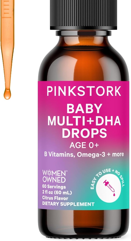 Pink Stork Baby Liquid Multivitamin Drops, Baby & Toddler Vitamin DHA, Vitamin C, D, B12 a Choline na podporu zdraví a imunitní funkce mozku - 2 fl oz, 2 měsíce dodávky