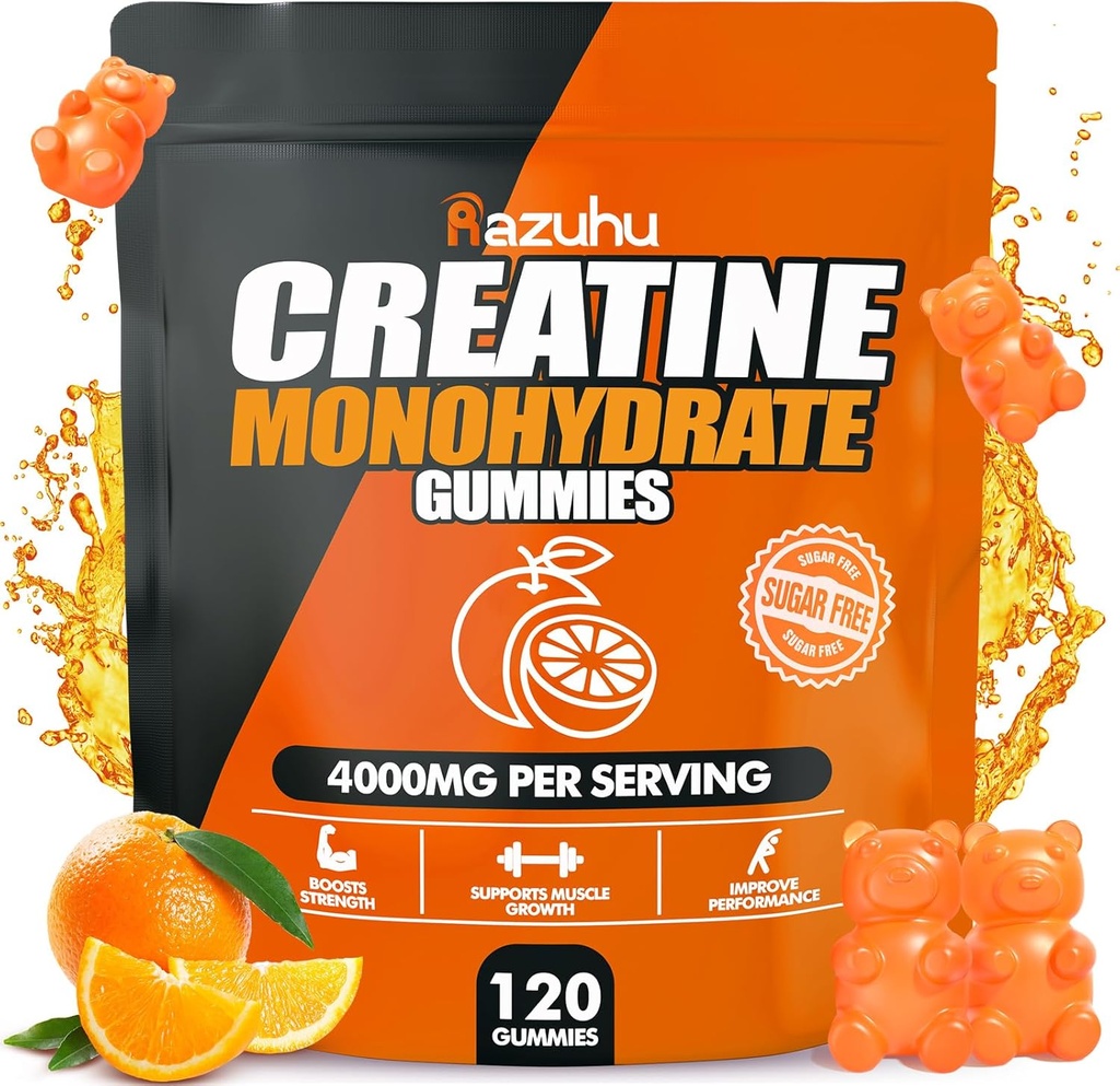Kreatin Monohydrát Gummie pro muže a ženy, 4g Creatine Monohydrát na Serving pro maximální sílu, Výkon, Bez cukru, Vegan, Předcvičení dodatek (120 Počet) -Orange