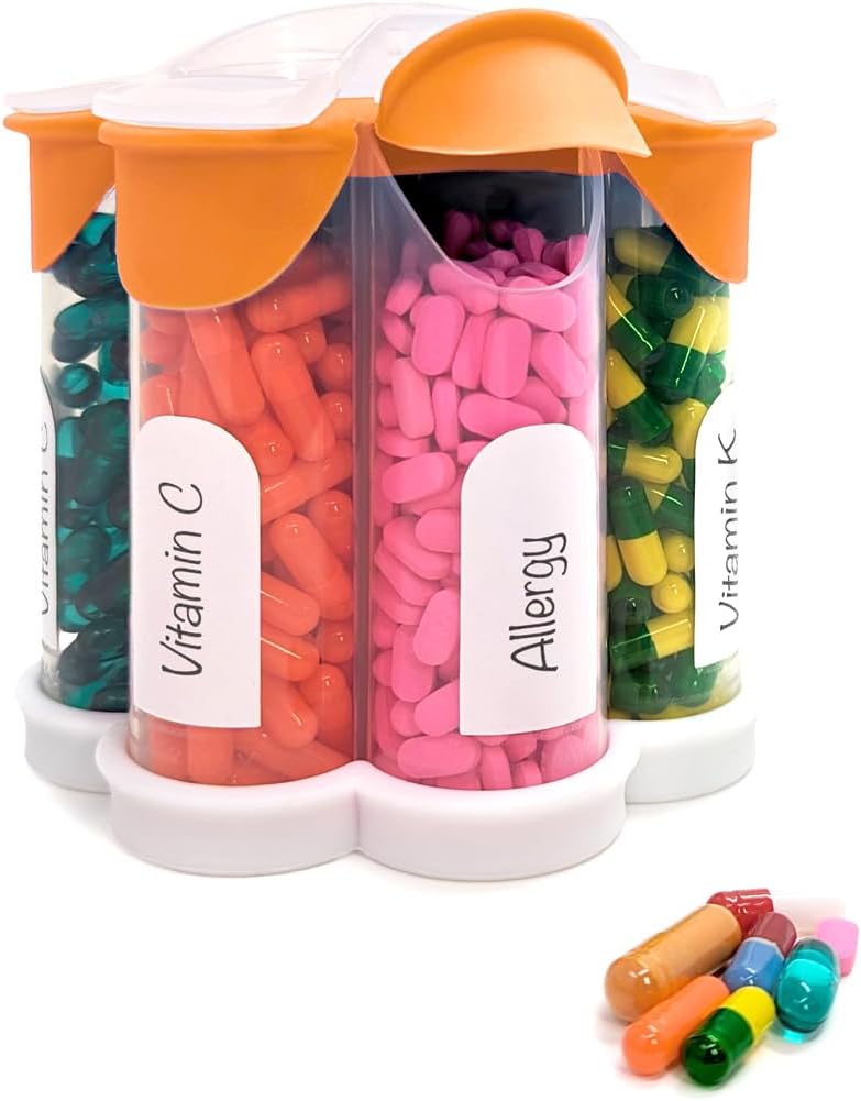 Extra Velké Pill Organizátor Denní, Týdenní, Měsíční dodatek Láhev, Roztomilý Blossom Pill Dipenser se 7 XL Compartments, Easy- Open Pill Box pro vitamíny, Léky, Štítky v ceně (Orange)
