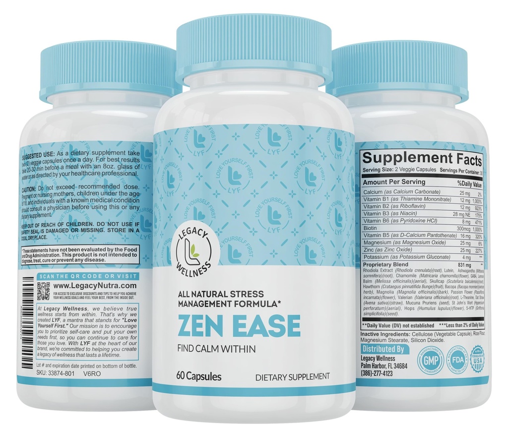 Legacy Wellness Zen Ease Climate Mind Supplement - Natural Vegan Formule - 5-HTP, Ashwagandha, St. John 's Wort, L-Theanine, Magnesium, B-Vitamíny - Kapsle na podporu dobrého pocitu míru