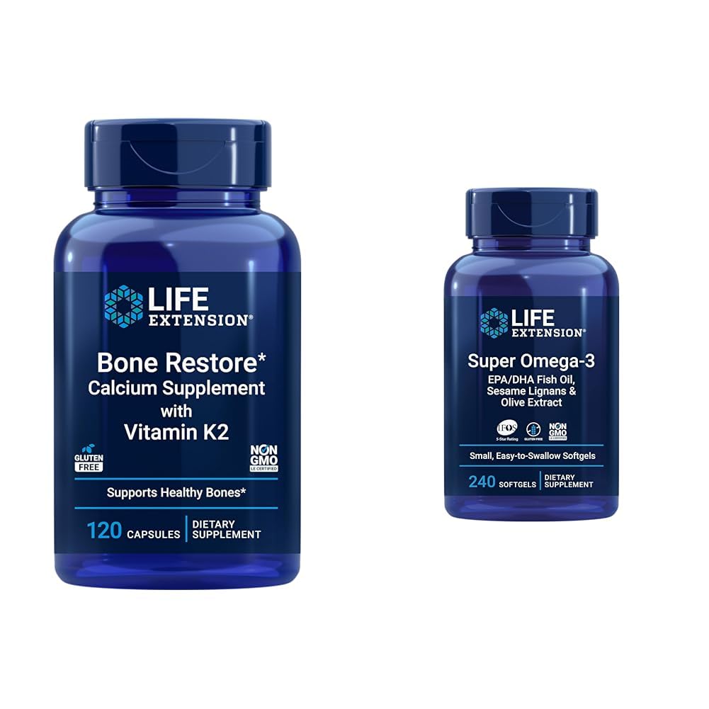Life Extension Bone Restore + Vitamín K2 Vitamíny & Minerály Udržovat kostní zdraví & Síla & Super Omega33 EPA / DHA Fish Oil, Sezame Lignans & Olive Extract