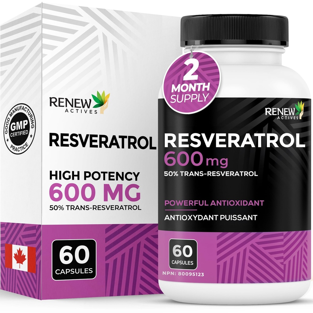 Reew Actives Resveratrol Dodatek 600mg na servírování - High-Potency Antioxidant Complex s 50% Trans- Resveratrol - Podporuje buněčné zdraví a dlouhověkost - Made in Canada - 60 Vegan Kapsle