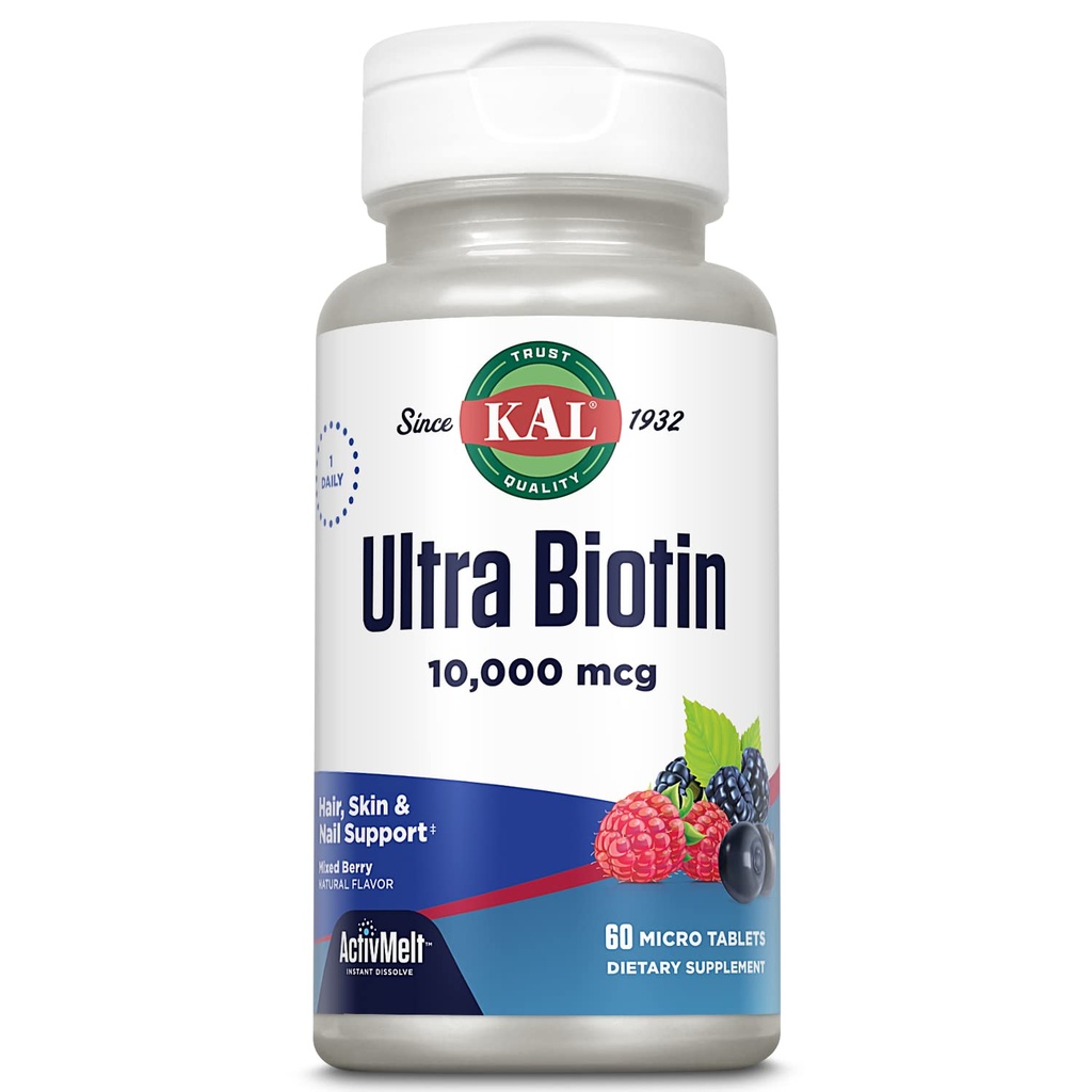 KAL Ultra Biotin 10000mcg ActivMelt, Příplatek k růstu vlasů, High potency Vitamin B7 pro zdravé vlasy, kůže, hřebíky a podpora energie, Vegetariánské, Přírodní smíšené Berry Flavor, 60 Serv, 60 Mikro tablety