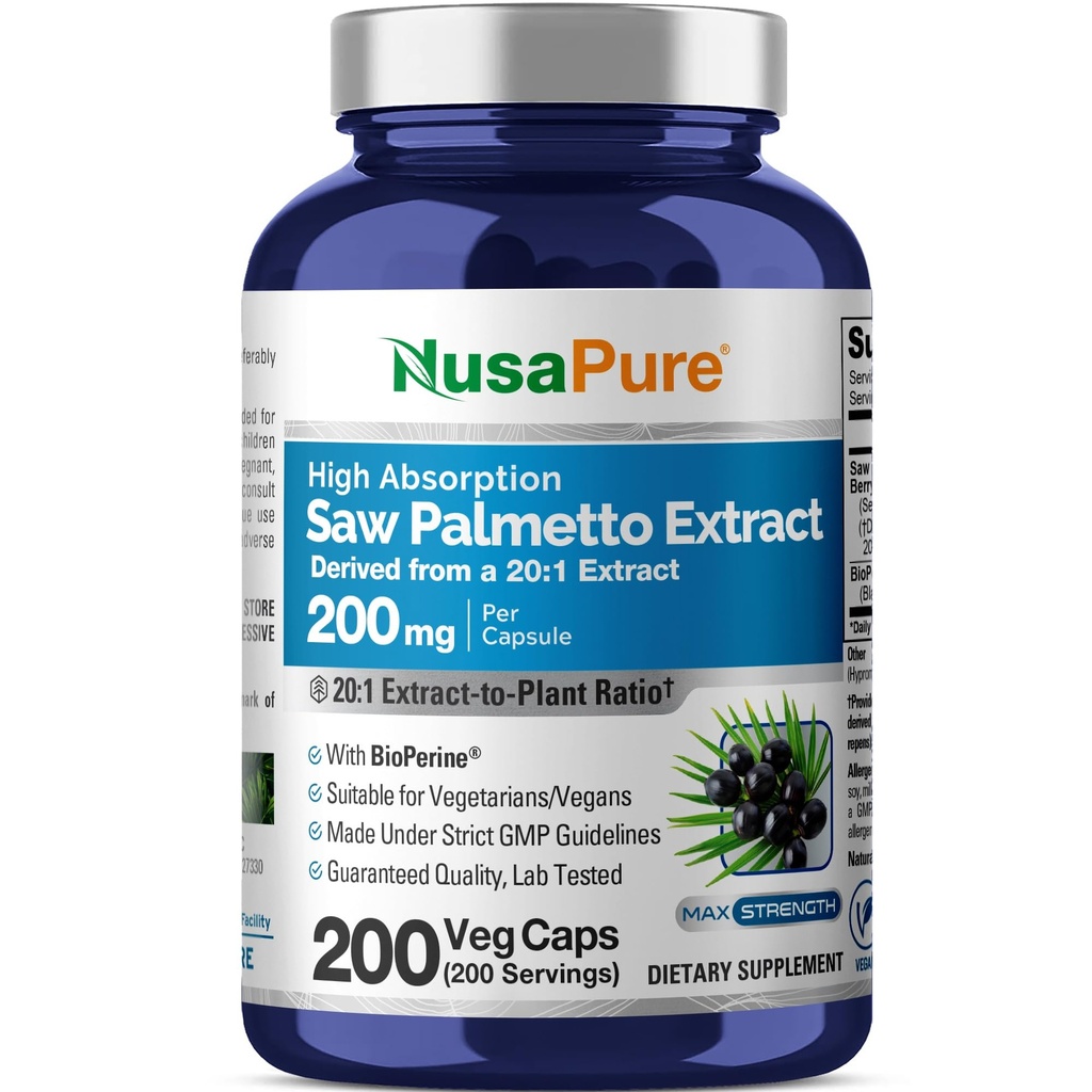 NusaPure Saw Palmetto 20: 1 Extract, 200 mg Ekvivalentní k 4000 mg na Veggie Caps 200 Count Non- GMO, Vegan, Vegetarian, Bioperin