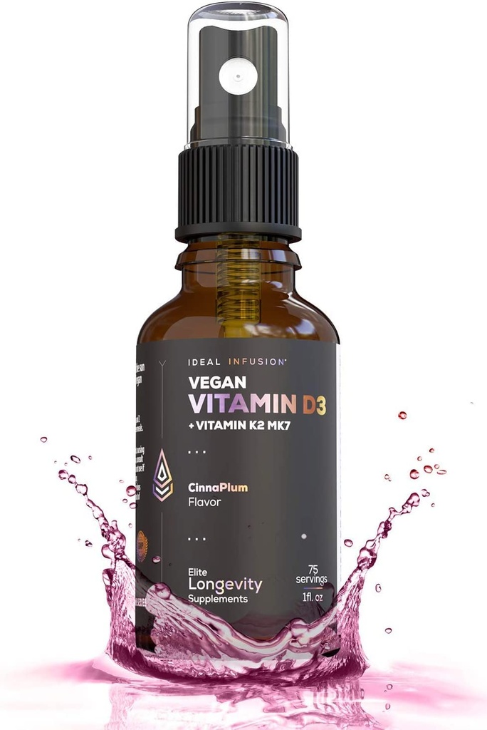 Ideální infuzní Vegan Vitamin D3 5000 iu s K2 (MK-7) Tekutý sprej: Organická švestka se skořicí - zdraví kostí, imunitní podpora, Kostní struktura (75 Služeb)