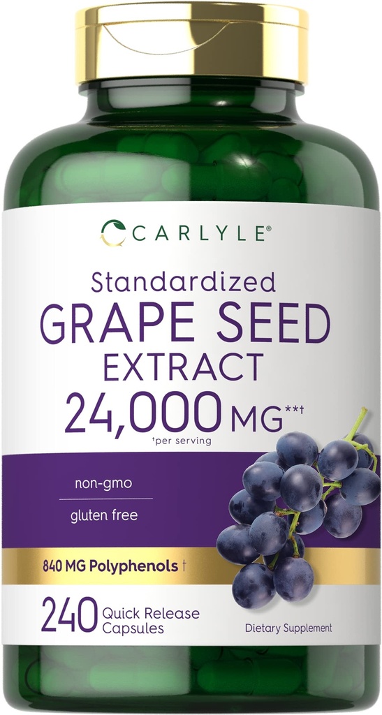 Carlyle Grape Seed Extract 24 000 mg Ekvivalentní 240 Kapsle 124; Maximální pevnost Standardizovaný extrakt 124; Non- GMO, gluten zdarma