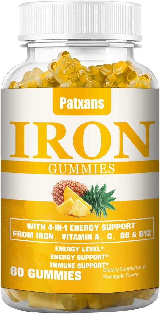 1 Pack 100MG Iron Supplement Gummies pro ženy a muže - s vitamínem A, C, B - Podpora energie pro nedostatek železa, anémie, Dospělí děti, Ananas Flavor Gummy, 60ct.