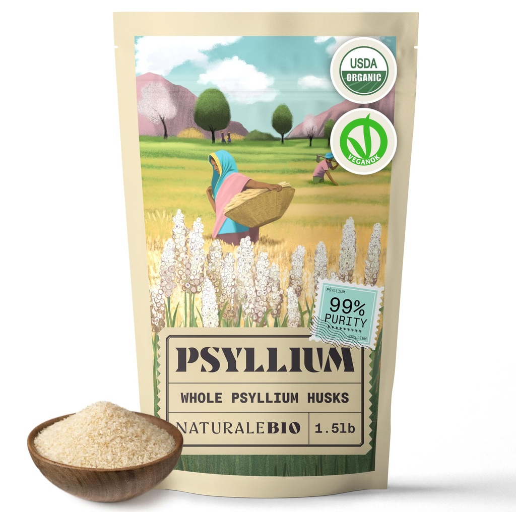 NaturaleBio Celý Psylium Husk. 1.5lbs. 99% Čisté Psylium Seed Husks. Natural Fiber Supplement. USDA Organic Certified. Vyrobeno v Indii. Gluten Free, Keto, Paleo, Vegan Diets. Probiotika