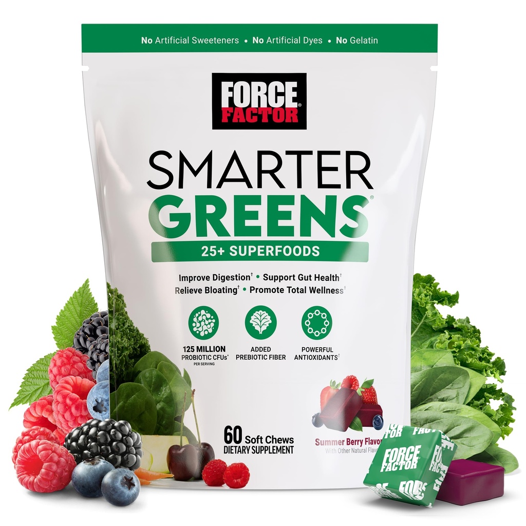 FORCE FACTOR Smarter Green Chews, Green and Superfoods with Probiotics, Antioxidants, and Fiber, Green Supplement to Support Digestion, Nitric Oxide, and Energy, 60 Soft Chews