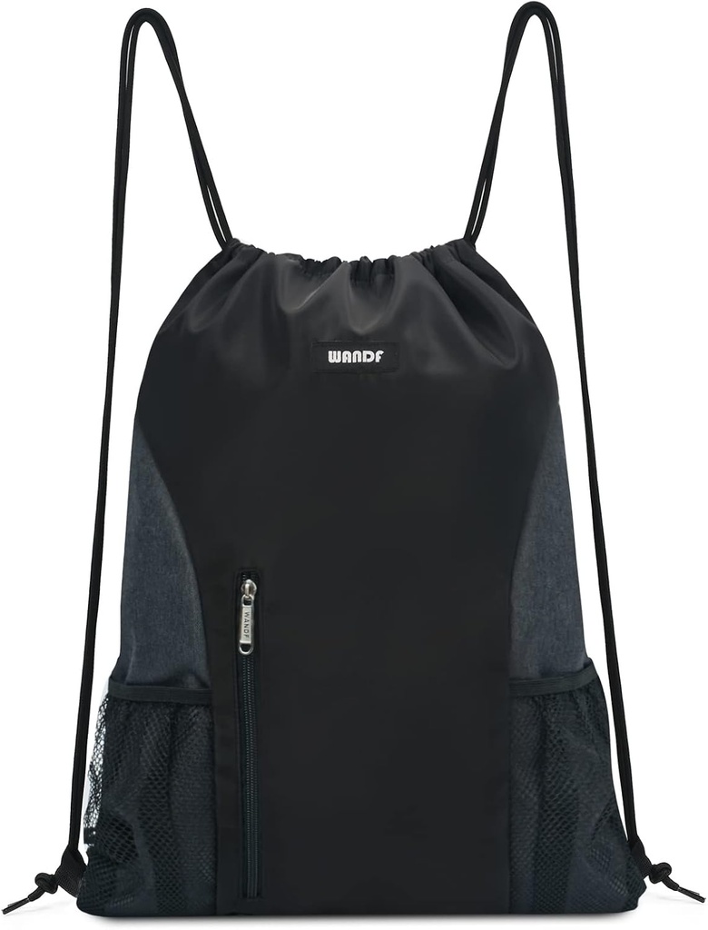 WANDF Drawstring Backpack Sportovní tělocvična Sackpack s Mesh Kapsy vody odolné String Bag pro ženy muže (černá)