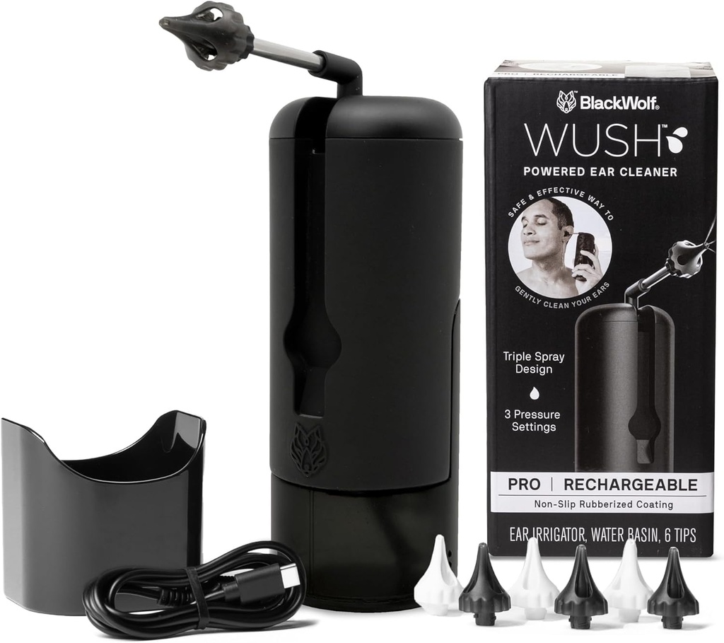Wush Pro by Black Wolf- Deluxe voda poháněná Ušní čistič - Safe & Effective - Electric Triple Jet Stream 3 Nastavení tlaku pro ušní vosk Buildup - Ušní vosk Odstranění kit- Odolnost proti vodě USB dobíjecí