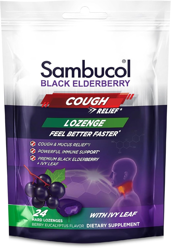 Sambucol Black Elderberry Cough Relief Lozenges - Kašel Kašel pro dospělé, Sambucus Elderberry Lozenges, s Ivy Leaf, Cough & Mucus Relief, Imunitní podpora, Berry Eucalyptus - 24 Počet, 3 Pack
