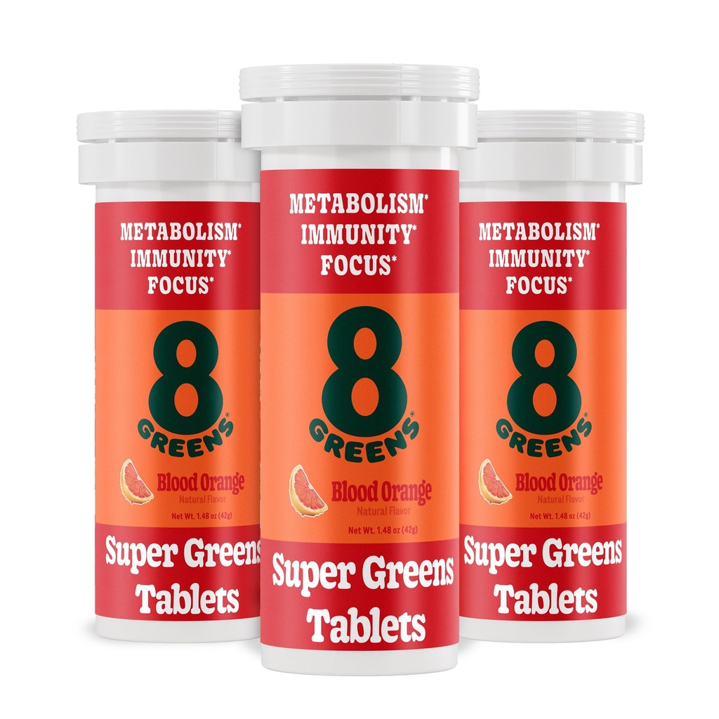 8Zelené Supergreens Tablety CARL 124; Super Zelené Powder Superfood Tablet, Metabolismus Imunity & Focus, Denní Zelené Effervescent Tablety, Organic: Aloe Vera, Spirulina, Chlorella, Blood Orange, 30 Servings