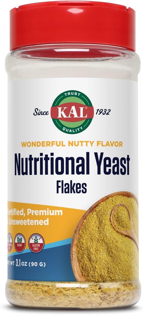 Kal Nutritional Yeast Flakes, opevněné B12, kyselina listová a ostatní vitaminy B, neslazené, Great Nutty Flavor, Vegan & gluten zdarma, 60denní záruka vrácení peněz, Vyrobeno v USA, 20 Služeb, 3.1oz