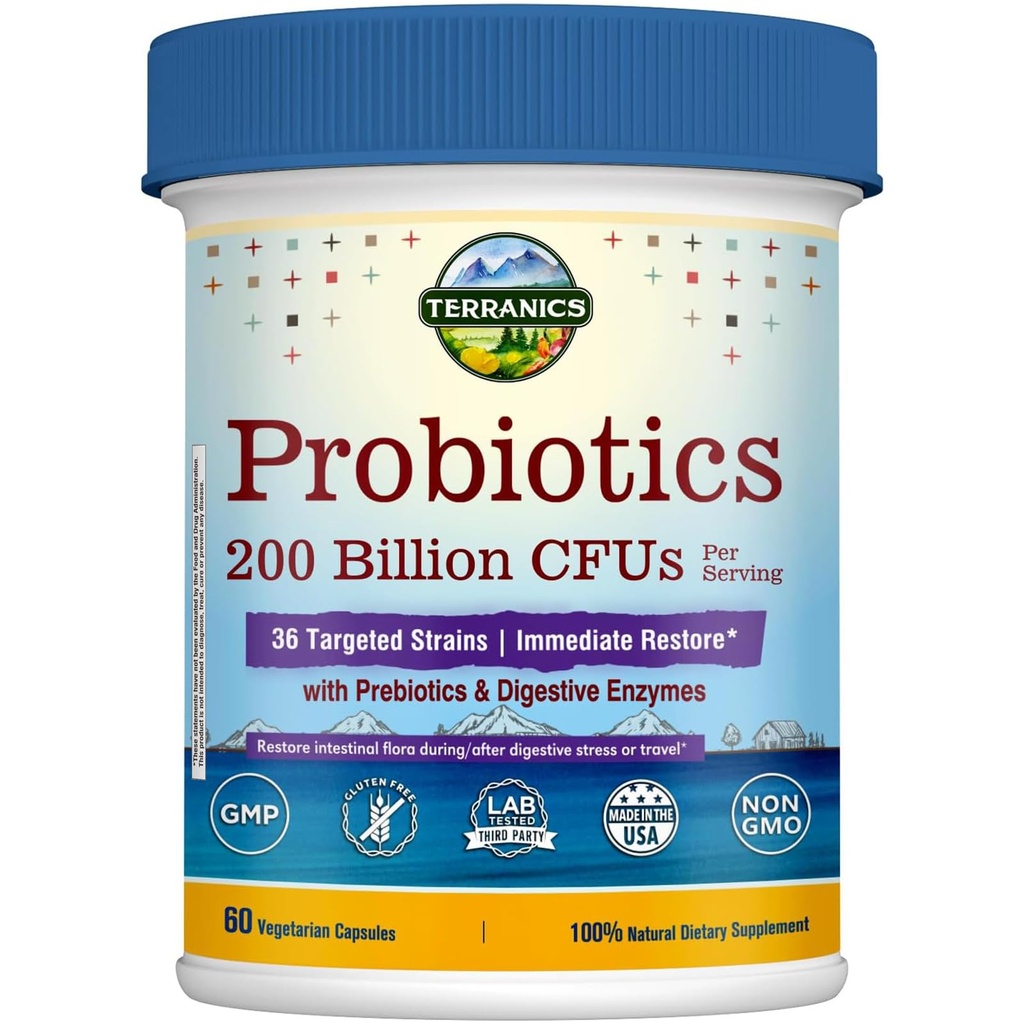 Terranics Daily Probiotics for Men & Women, 200 miliard 36 Strains Immediate Restore Probiotika, s Prebiotics & Enzymy, Zdravá Regularita, Zpožděné uvolnění, Stabilní, 60 Veggie Caps