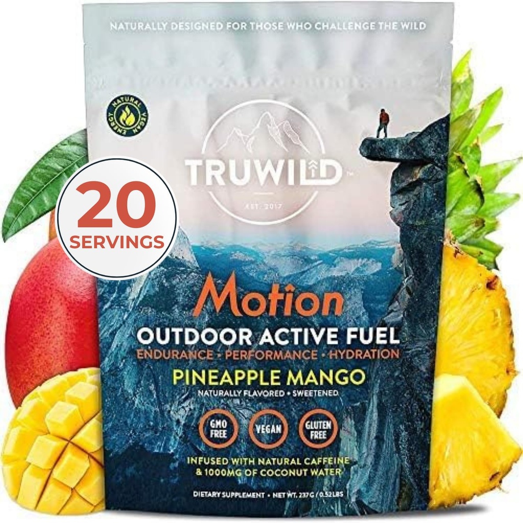 TruWild Motion All Natural Pre Workout Powder Drink Mix pro muže a ženy bez Jitters nebo Crash, All Food Plant Based Vegan, Organic with Electrolytes + BioPerine, 20 Servings (Ananas Mango)
