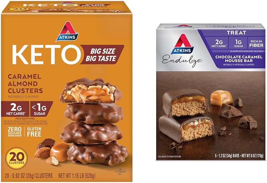 Atkins Karamel Almond Clusters, Gluten Free, High in Fiber, 1g Sugar, 2g Net Carb, Keto Friendly, 20 Count & Endulge Chocolate Caramel Mousse Bar, Dessert Favorite, 1g Cukr, High in Fiber, 5 Počet