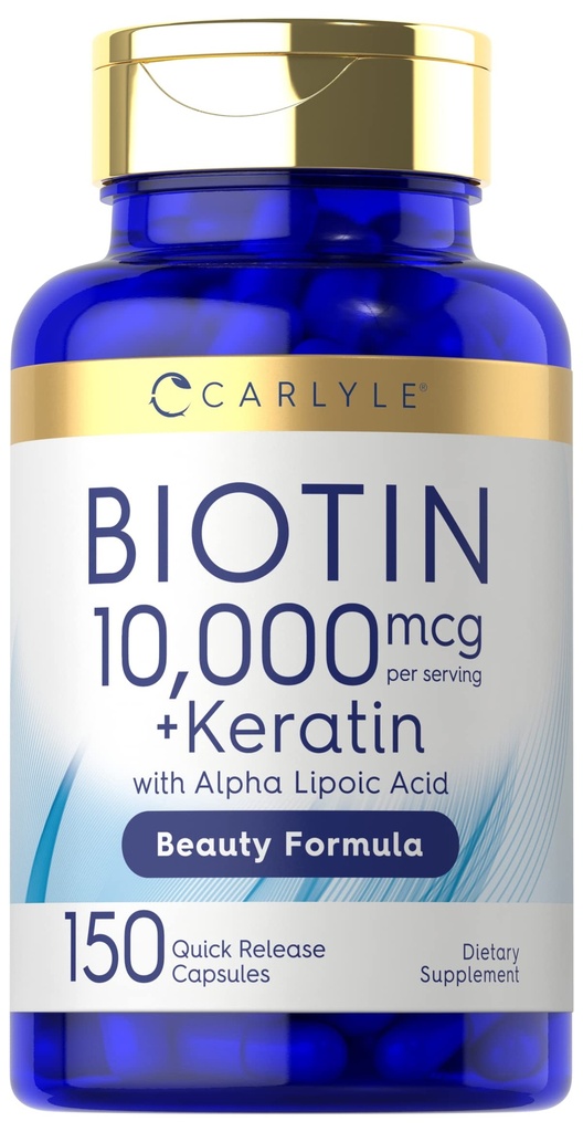 Carlyle Biotin 10000mcg CLAS124; 150 Kapsle CLAS124; Beauty Formule s Keratin CLAS124; Non- GMO, gluten zdarma dodatek