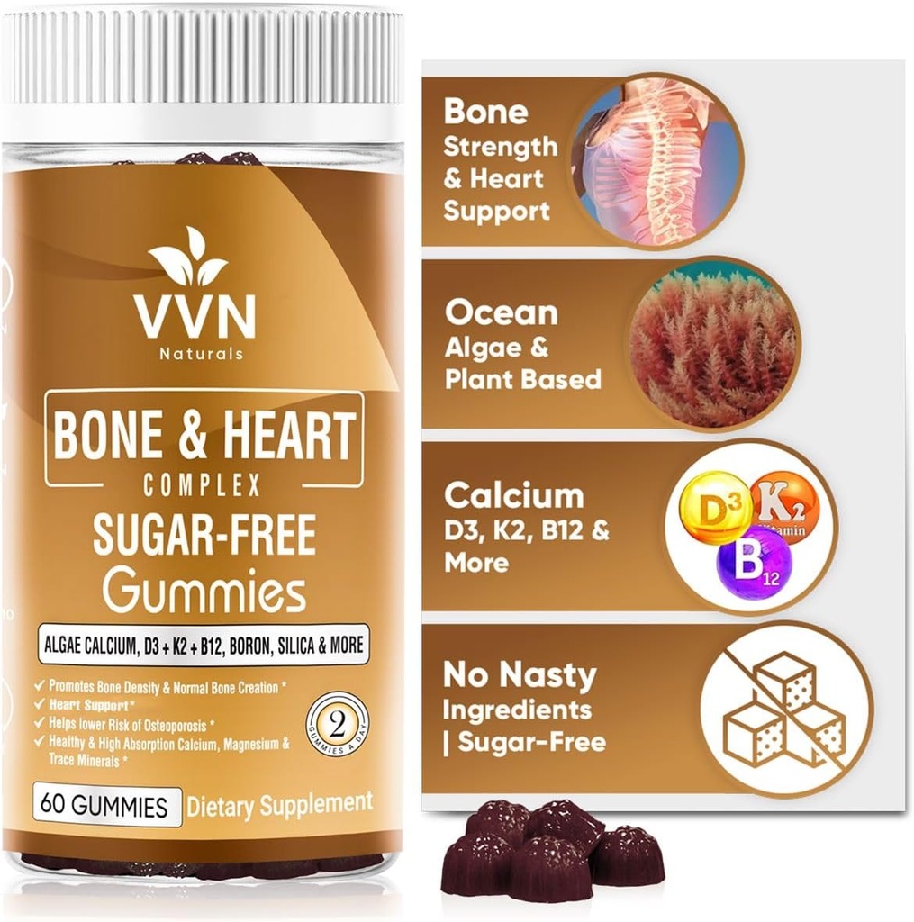 Veganské vápníkové gumy K2 Vitamin dodatek s MK-7 & Vitamin D3, hořčík & 13 Stopy minerály, Podpora hustoty kosti cr124; Plant based Cr124; B12 - Kostní a srdeční komplex, 60 ct.