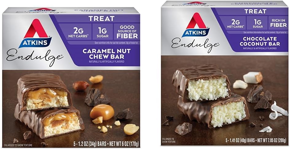 Atkins Endulge Karamel Nut Chew & Chocolate Coconut Bary, 1g Cukr, 5 Počet