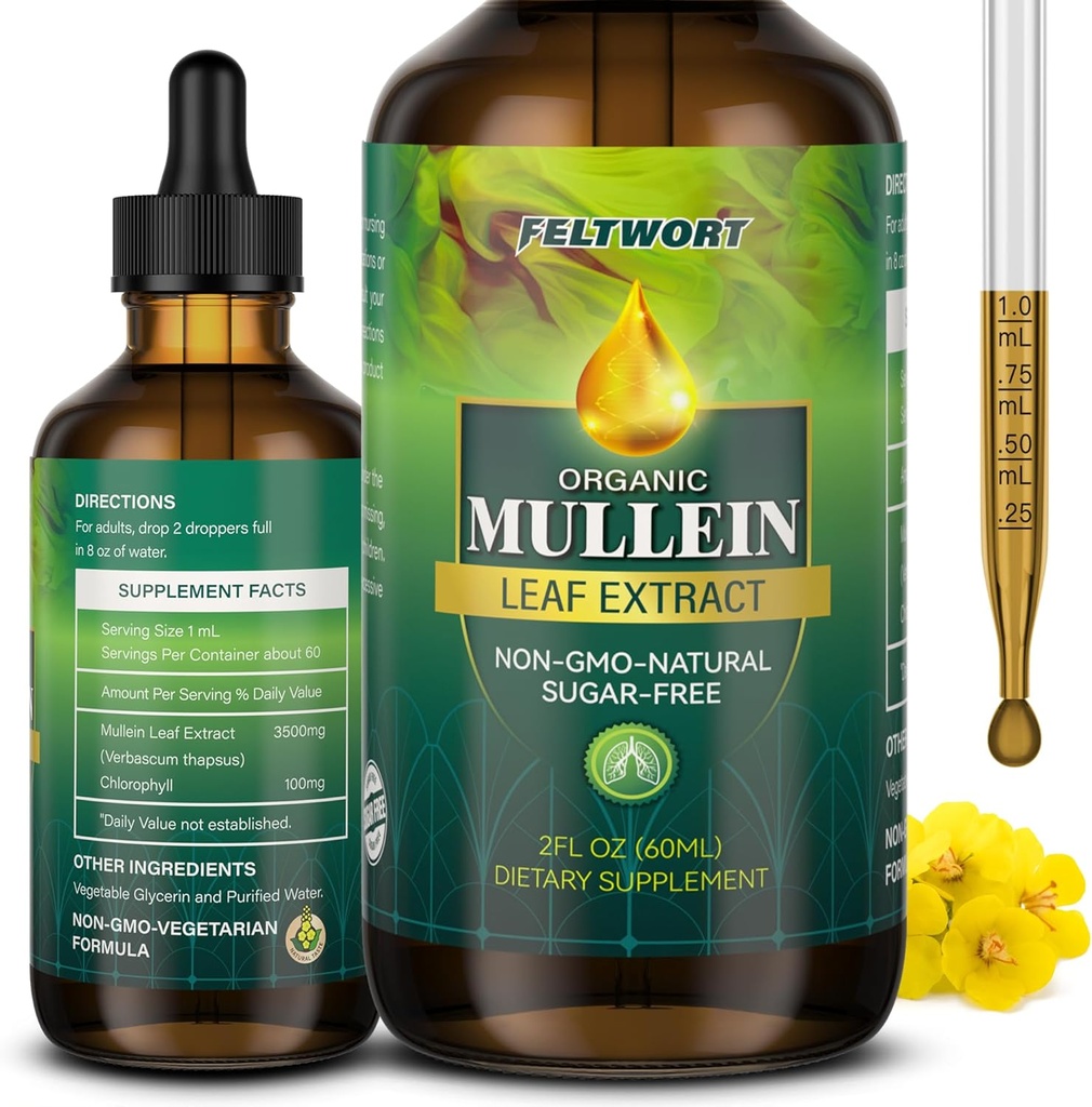 Mullein Drops - Lung Cleanse - Leaf Extract - Výkonný Mullein pro imunitní podporu, Detox & Respirační podpora - Bylinné doplňky - 2 Oz-6