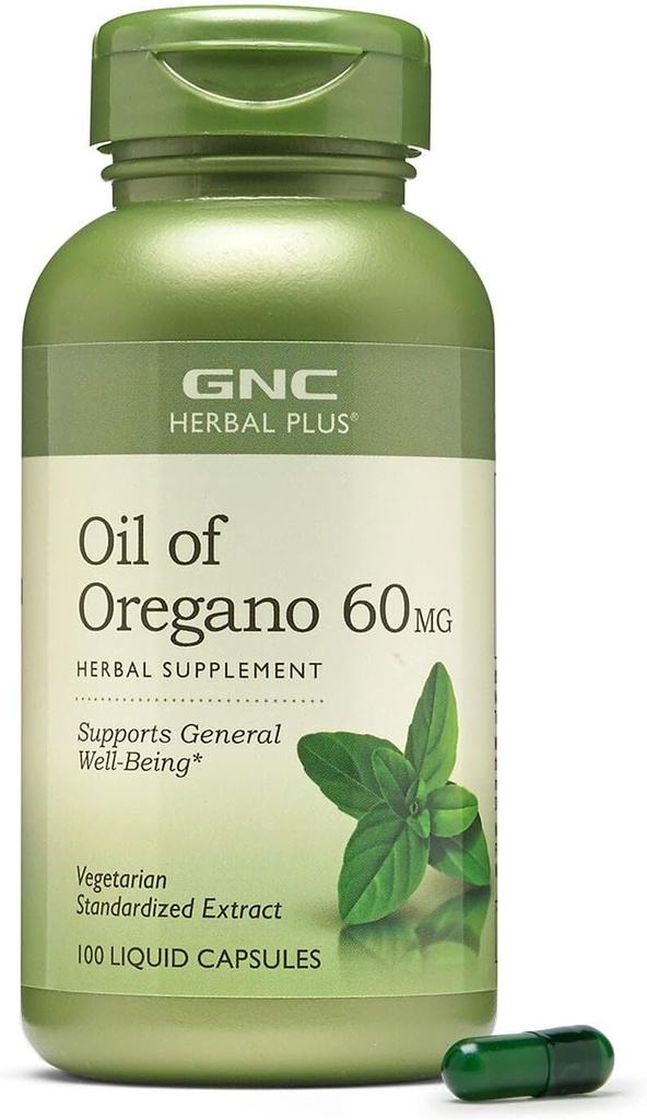 GNC Herbal Plus Oil of Oregano 60mg Dodatek, Vegetariánské, Podporuje General Well- Bytí, 100 Služeb