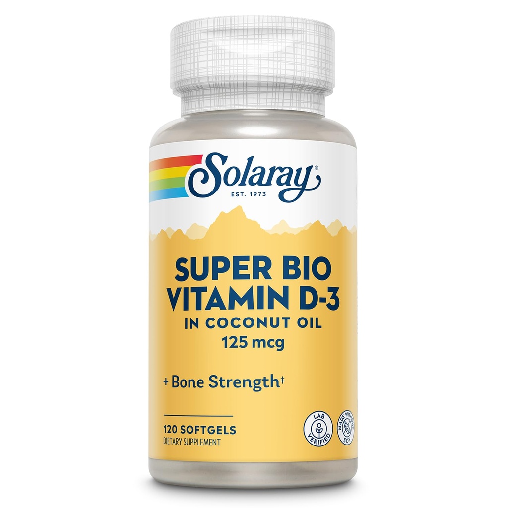 SOLARAY Super Bio Vitamin D3 in Coconut Oil - D3 Vitamin 5000 IU - Kostní zdraví a imunitní podpora Dodatek - Laboratorní ověřené, Made Wtihout Soy, 60denní záruka - 120 Softgels, 120 Servings