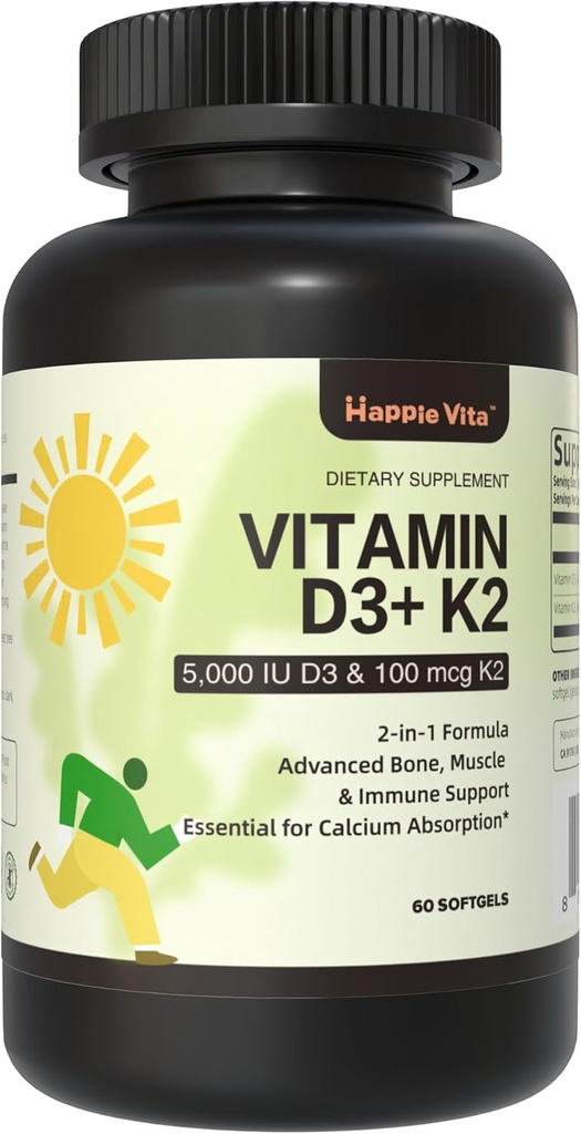 Vitamin D3 K2, Vitamin D3 5000 IU (125 mcg) + Vitamin K2 100 mcg, 2 v 1 D3 a K2 doplňky pro kosti, zuby, svalovou a imunitní podporu zdraví, 60 Softgels
