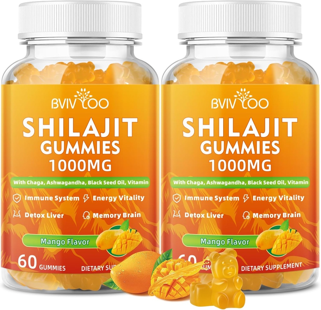 2 Balení Shilajit Gummies 1000mg Cukr zdarma - Shilajit dodatek pro muže a ženy - Vysoká v 85 + Stopy Minerály & Fulvic Acid - Energie, Mozek, Imunita - 120 Gummies